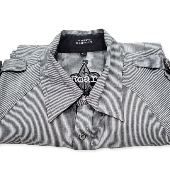 Roar Mens Gray Embroidered Shoulder Strap Pearl Snap Button Front Shirt Size XL - Picture 10 of 10